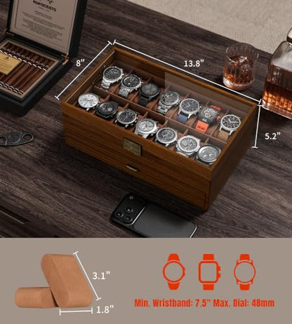Watch Case Box for Men - Ultra-thin Frame Wide Display 14 Slots 2-Layer Wooden Grain Watch Sunglass Storage Organizer, Real Glass Lid Display Case Gift for Dad Husband - size: 14 Slots, Wooden Pattern