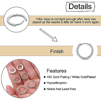 micuco 3 Pairs Small Gold Hoop Huggie Earrings Set for Women Men Tendy | 14K Gold Plated Small Huggie Hoop Earrings for Men, Tiny Cartilage Hypoallergenic Earring Set - style: D# CZ silver 8-10-12mm