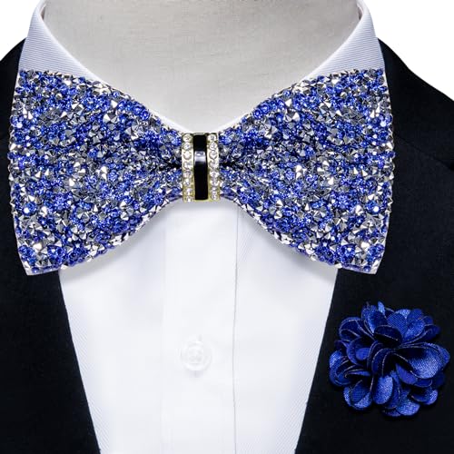DiBanGu Mens Rhinestone Bow Tie with Ring and Lapel Pin Set | Adjustable Strap,Pre-tied Style,3PCS,Sequin Diamond Bowties，Solid/Mix Color,Shiny Accessory,for Party Prom Banquet Wedding - color: Blue and Silver