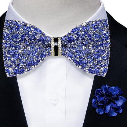 DiBanGu Mens Rhinestone Bow Tie with Ring and Lapel Pin Set | Adjustable Strap,Pre-tied Style,3PCS,Sequin Diamond Bowties，Solid/Mix Color,Shiny Accessory,for Party Prom Banquet Wedding - color: Blue and Silver