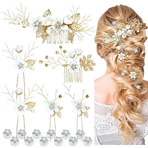 Cinaci 18 Pieces Bridal Wedding Party Prom Pearl Rhinestone White Flower Hair Side Combs Slides+U-shaped Flower Hair Pins+Twist Spiral Hairpins Floral Headpieces for Brides Bridesmaids Women Girls - color: Gold White