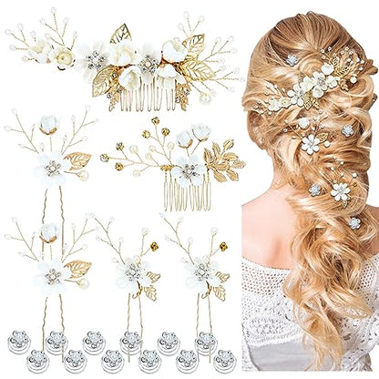 Cinaci 18 Pieces Bridal Wedding Party Prom Pearl Rhinestone White Flower Hair Side Combs Slides+U-shaped Flower Hair Pins+Twist Spiral Hairpins Floral Headpieces for Brides Bridesmaids Women Girls - color: Gold White