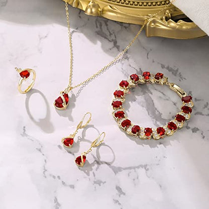 Jewelry Set for Bride, Sparkling Water Drop Cubic Zirconia Crystal Pendant Necklace Leverback Earrings Tennis Bracelet Adjustable Ring Gift for Wedding/Birthday/Mother's Day/Christmas - color: 10-Ruby Color Gold-Plated-Brass