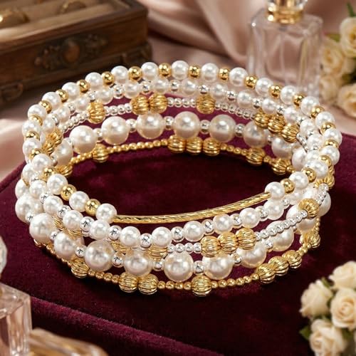 14K Gold Plated Beaded Bracelets Stack Set for Women,Stretch Boho Ball Jewelry Friendship Trendy - color: Gold silver pearl