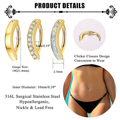 Jstyle 3Pcs 14G Clicker Belly Button Ring for Women - Gold 316L Surgical Steel, Cute CZ Opal Small Hoop, Simple Reverse Navel Piercing Jewelry - color: Gold