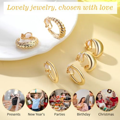 3Pairs Clip On Earrings for Women Clip Earrings Clip On Gold Hoop Earring | 16K Gold Plated, Chunky Tube, Croissant, Waterdrop, Non Pierced, Fake Jewelry Set