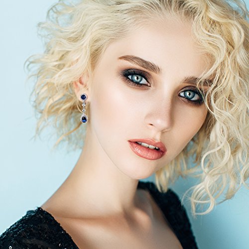 Bling Jewelry Vintage Style Bridal Simulated Blue Sapphire Statement Pave Crown Halo Cubic Zirconia AAA CZ Long Dangling Oval Teardrop Chandelier Clip On Earrings For Women Non-Pierced