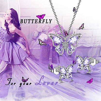 925 Sterling Silver Birthstone Butterfly Jewelry Women Crystal Animal Cute Butterflies Birthday Necklace/Earring/Ring/Bracelet Sets Birth Stone Statement Anniversary Jewellery - color: 1-F.June-Alexandrite