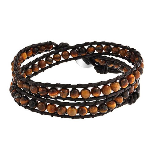 Multi Strand Tiger Eye Black Onyx Bead Bracelet Silver Tone Stainless Steel - color: Dark Brown