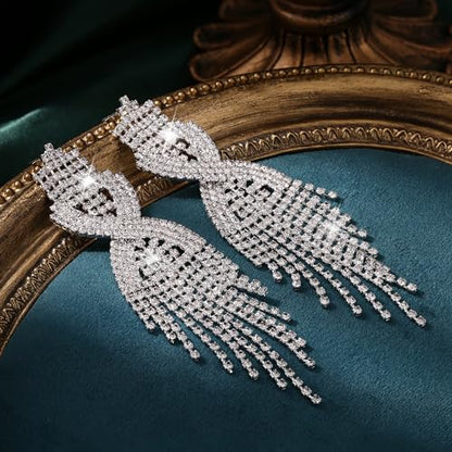 Rhinestone Bridal Jewelry Set for Women Earrings Bracelet Ring | Sparkling Rhinestone, Stretch Bracelet Ring, Dangle Tassel Earrings Set, Costume Jewelry, Rhinestone Jewelry Set for Women - style: Set 01