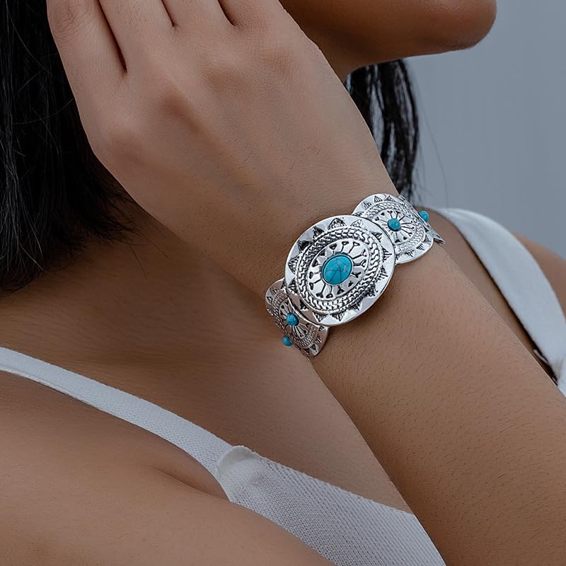 DATOA Bohemian Chunky Turquoise Bracelets Western Cowgirl Bangle Boho Cuff Bracelets for Women Silver Wide Bracelet for Holiday - color: Silver 02