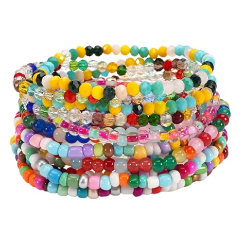 Bohemian Multilayer Beaded Stackable Stretch Bracelets for Women Colorful Crystal Glass Resin Seed Beads Elastic Wristbands BFF Friendship Summer Beach Hawaii Jewelry - color: Colorful
