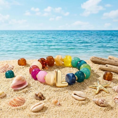 Bubble Initial Chunky Beaded Bracelet for Women Colorful Resin Bead Trendy Statement Big Stretch Bracelets Summer Beach Boho Charm Jewelry Cute Gifts for Women - color: Initial L