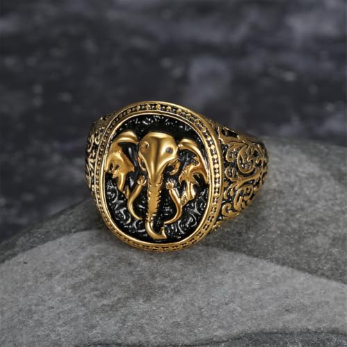 Men's Silver Gold Elephant Head Ring Stainless Steel Biker Band | Religious Engraved Chunky Signet Band for Men, Elephant Animal Lucky Ring, Retro Amulet Jewelry Gift for Him - color: Gold