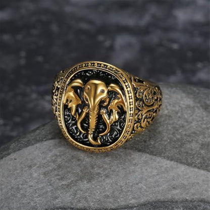 Men's Silver Gold Elephant Head Ring Stainless Steel Biker Band | Religious Engraved Chunky Signet Band for Men, Elephant Animal Lucky Ring, Retro Amulet Jewelry Gift for Him - color: Gold