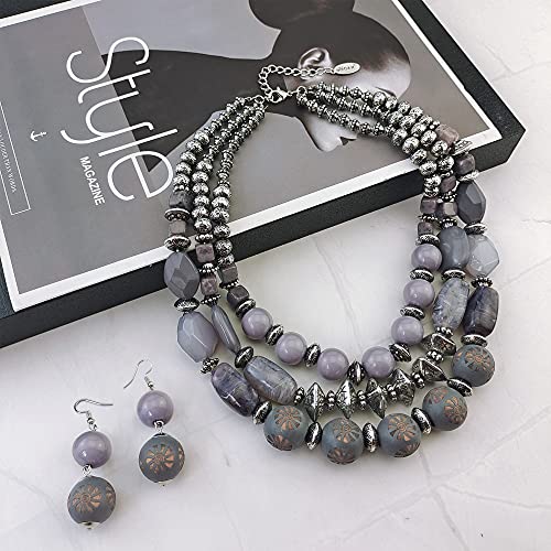 Bocar 3 Layer Chunky Statement Beaded Necklace and Earrings Set, Fashion Multi Layer Women Collar Necklace Jewelry Set - color: Lavender Gray