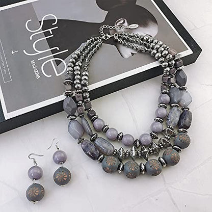 Bocar 3 Layer Chunky Statement Beaded Necklace and Earrings Set, Fashion Multi Layer Women Collar Necklace Jewelry Set - color: Lavender Gray