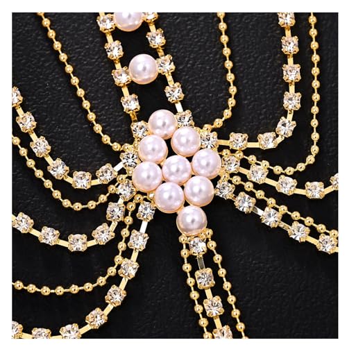 Mulit-layered Pearl Shoulder Chain Jewelry Festival Rave Rhinestone Bra Chain Sexy Bridal Wedding Crystal Arm Chain Jewelry for Women - color: Gold