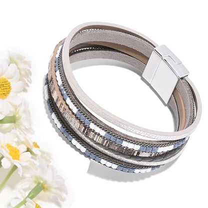 VIBILIA Boho Leather Wrap Bracelets for Women Multi-Layer Bracelets | With Strong Clasp Jewelry for Women - color: 03-BohoBraid-Gray