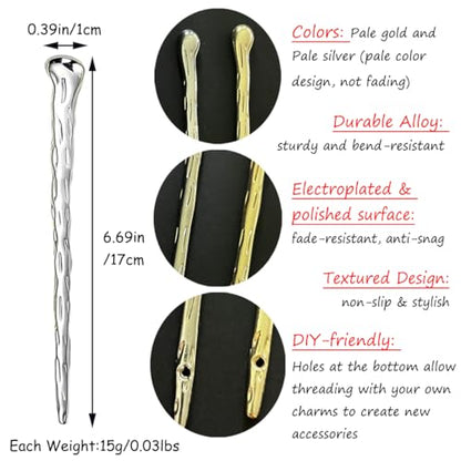 Geometric Alloy Hair Chopsticks, Pale Gold Silver Minimalist Japanese-Style Hair Clasp for Buns, DIY-Charm Compatible Hair Accessories for Women with Long Hair