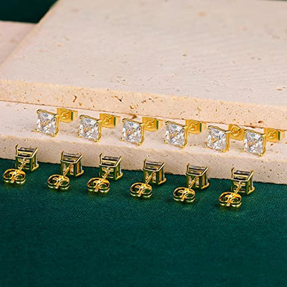 Stud Earring Set for Women Men 18K Yellow/White Gold Plated Princess Cut 4 Prong Graduated Square Clear Cubic Zirconia Pakc of 6 Pairs 3-7mm - color: Yellow gold-3mm-6 pairs