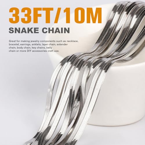 33FT 3mm Stainless Steel Chains Snake Chains Roll Bulk for Jewelry Making | 304 Stainless Steel Flat Snake Chains Roll Spool for DIY Craft Necklace Bracelet - color: 3.0mm Stainless Steel Flat Snake Chains