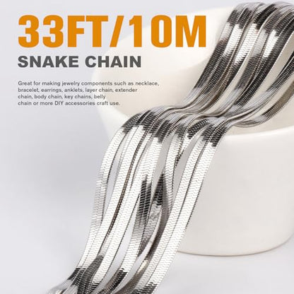 33FT 3mm Stainless Steel Chains Snake Chains Roll Bulk for Jewelry Making | 304 Stainless Steel Flat Snake Chains Roll Spool for DIY Craft Necklace Bracelet - color: 3.0mm Stainless Steel Flat Snake Chains