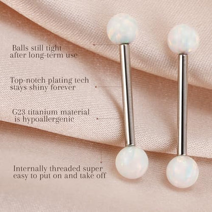 AROWRO Nipple Piercing Jewelry G23 Titanium Nipple Rings Tongue Rings Nipple Bar 14G Internally Threaded Straight Barbells Bridge Piercing Jewelry 12mm-20mm - color: Silver+White Opal