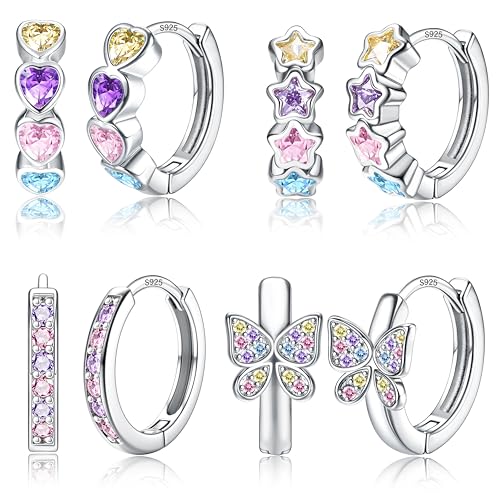 925 Sterling Silver Post Small Hoop Earrings For Girls - Hypoallergenic Huggie Earrings for Women Cute Heart Flowers Butterfly Star Cubic Zirconia Cartilage Earrings For Sensitive Ears 4Pairs - color: Colorful
