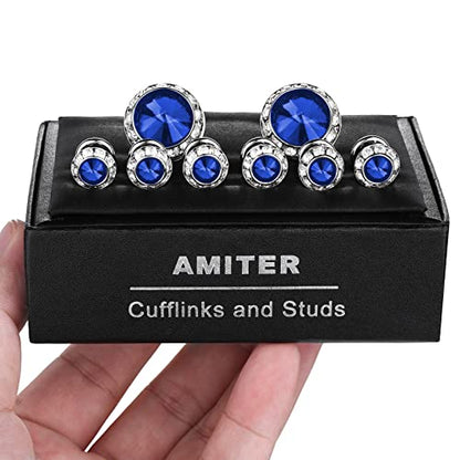 AMITER Crystal Cufflinks and Tuxedo Studs for Men, Cuff Links Suits for Shirt Formal Dress Business Wedding Anniversary - color: Blue