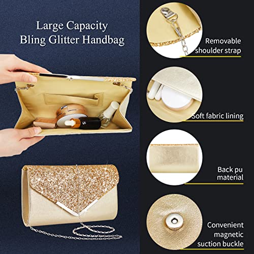 Henoyso 5 Pcs Purse Rhinestone Jewelry Set Prom Jewelry Rhinestone Clutch Purse Necklace Earrings Bracelets for Women Bride - color: Gold