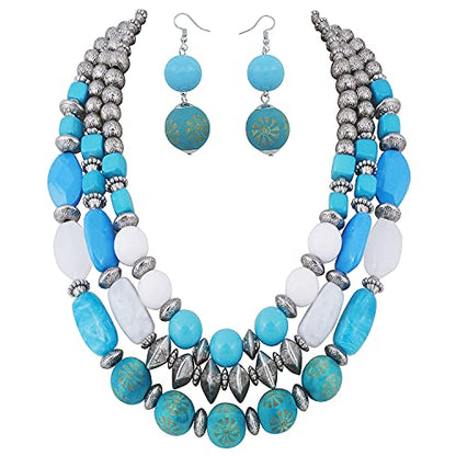 Bocar 3 Layer Chunky Statement Beaded Necklace and Earrings Set, Fashion Multi Layer Women Collar Necklace Jewelry Set - color: Cyan Blue