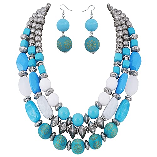 Bocar 3 Layer Chunky Statement Beaded Necklace and Earrings Set, Fashion Multi Layer Women Collar Necklace Jewelry Set - color: Cyan Blue