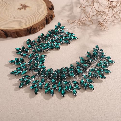 Missgrace Women Silver Green Black Red Blue Handmade Full Crystal Rhinestone Large Headband Hair Vine Shinny Headpiece Bridal Wedding Hair Accessories for Women (Silver Peacock green) - color: Silver Peacock green
