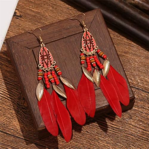 Dreuyet Boho Long Feather Drop Dangle Earrings for Women Retro Bohemian Ethnic Fringe Multicolor Tassel Feather Earring Handmade Statement Dream Catcher Earrings Jewelry - color: Red Teardrop