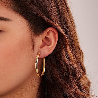 EXGOX 5mm Wide Gold Hoop Earrings for Women,Sterling Silver Hoop Earrings Large Silver Hoop Earrings Hypoallergenic Lightweight 14K Real Gold Plated Big Hoop Earrings for Women 30/40/50/60/70mm - color: Gold Color/40MM