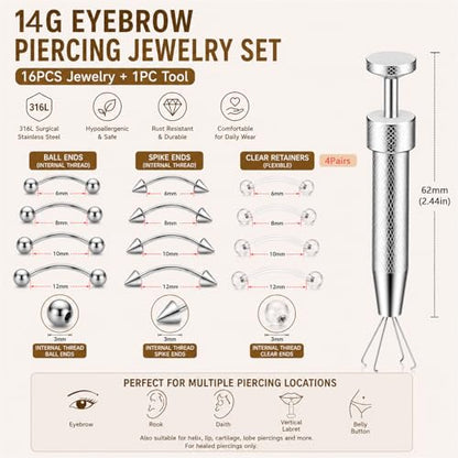 14/16G Eyebrow Piercing Jewelry Set with Tool, Stainless Steel Curved Barbells with Clear Piercing Retainers for Surgery, Ball & Spike Ends, 6/8/10/12mm Eyebrow Rings for Women Men - color: Silver-16pcs-14G