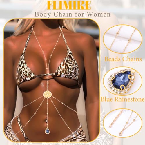 Gold Body Chain for Women Layered Rhinestone Waist Chains Summer Beaded Bra Body Jewelry Gifts - color: Blue