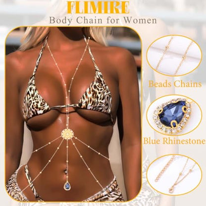 Gold Body Chain for Women Layered Rhinestone Waist Chains Summer Beaded Bra Body Jewelry Gifts - color: Blue