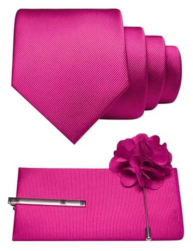 JEMYGINS Formal Necktie Solid Color Tie and Pocket Square with Tie Clip Lapel Pin Sets for Men 4PCS - color: Hot Pink