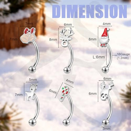 ZS 6Pcs Christmas Rook Piercing Jewelry, 16G Stainless Steel Eyebrow Piercing Jewelry, Santa Claus Elk Bell Eyebrow Rings, Curved Barbells Daith Rook Earrings for Women Men - size: L:6mm