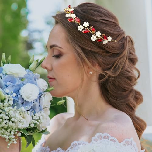 Bridal Crystal Flower Headband Wedding Rhinestone Pearl Floral Hair Vine Headpiece Accessories for Women Girls (Wine Red Crystal Gold Vine) - color: Wine Red Crystal Gold Vine