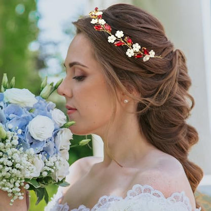 Bridal Crystal Flower Headband Wedding Rhinestone Pearl Floral Hair Vine Headpiece Accessories for Women Girls (Wine Red Crystal Gold Vine) - color: Wine Red Crystal Gold Vine