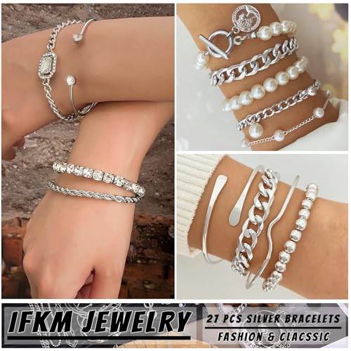 IFKM 6 PACK (24 PCS) Boho Gold Chain Bracelets Set for Women, 14K Gold Plated Multiple Layered Stackable Open Cuff Wrap Bangle Adjustable Link Italian Cuban Jewelry for Women Gift - style: 27PCS SILVER Thin Chain