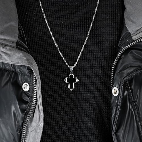 Unisex Stainless Steel Black Onyx Cross Pendant Necklace for Men Women,Titanium Steel Christian Cross Charm Jewelry Chain Necklace for Mens,Religious Jesus Christ Crucifix Cross Necklaces,24inch Chain