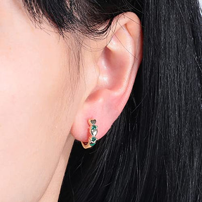 CiNily 14K White Gold Plated Small Hoop Earrings for Women Girls Heart Cubic Zirconia Hypoallergenic Earrings - color: Gold-green