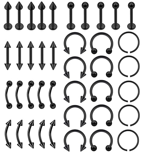 40Pcs Surgical Steel Lip Rings Labret Monroe Barbell Daith Tragus Helix Piercing Septum Nose Ring Eyebrow Body Jewelry for Women Men - color: Black