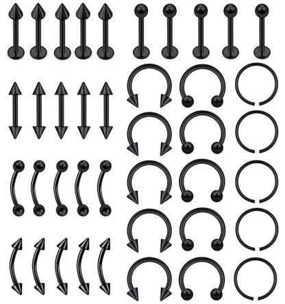 40Pcs Surgical Steel Lip Rings Labret Monroe Barbell Daith Tragus Helix Piercing Septum Nose Ring Eyebrow Body Jewelry for Women Men - color: Black