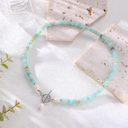 Dainty Turquoise Pearl Pendant Necklace 18K Gold Plated Bohemian Stone Pearl Choker Necklace for Women Dainty Natural Stone Choker Turquoise Beaded Necklace - color: Gold and Sliver