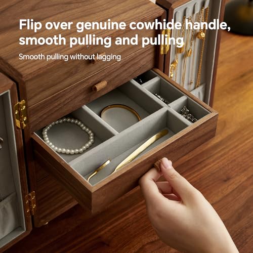 Black Walnut Wood Jewelry Box for Women, Large | Velvet Lined, 5 Drawers & Brass Feet, Earring Organizer, Traditional Chinese Pattern Handles - size: Double doors